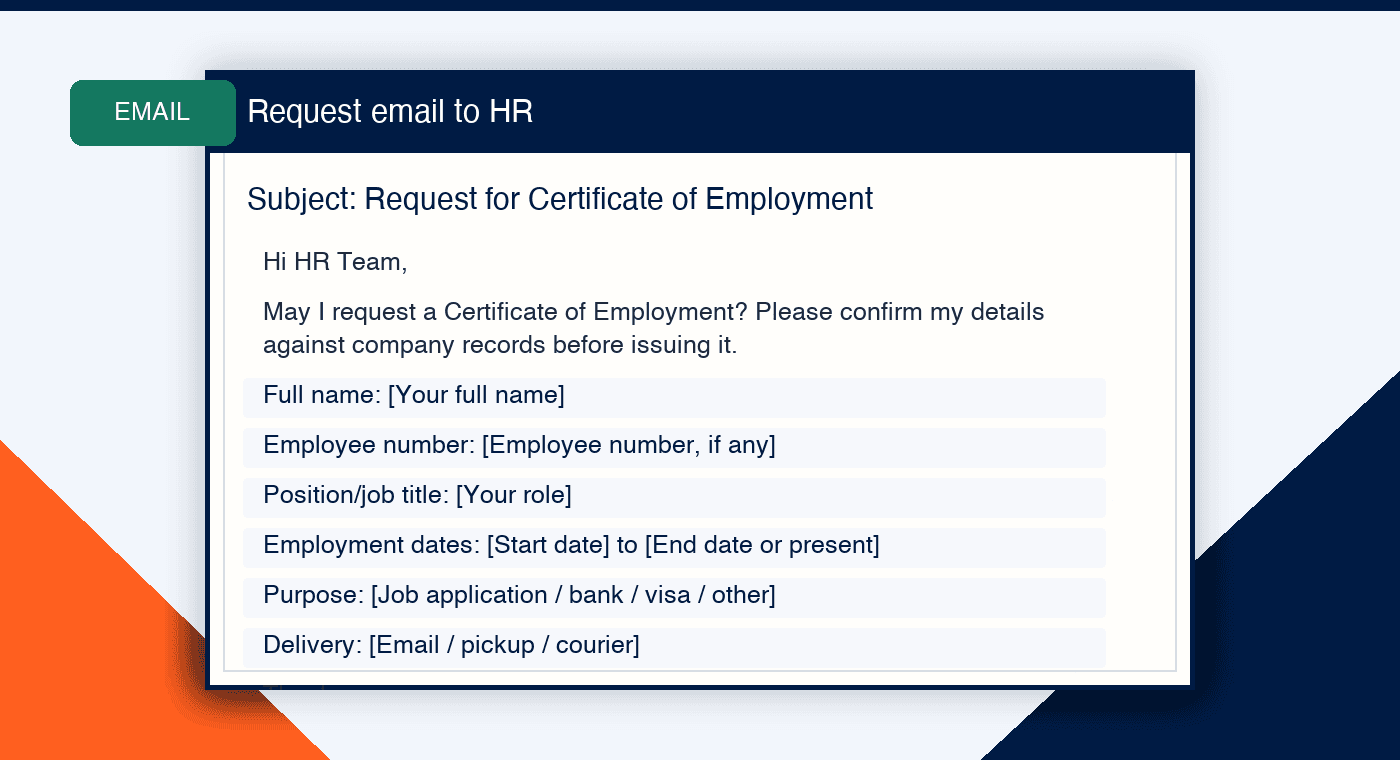 COE request email preview listing full name, employee number, job title, employment dates, purpose and delivery method.