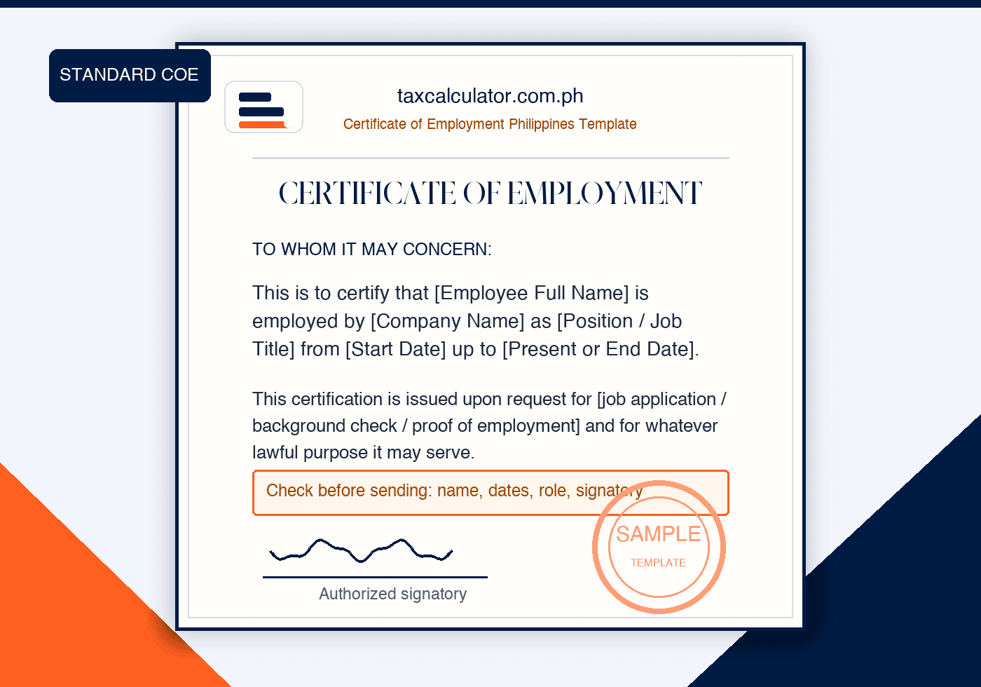 Branded standard Certificate of Employment template preview with sample stamp, signature line, employee name, company name, role and employment dates.