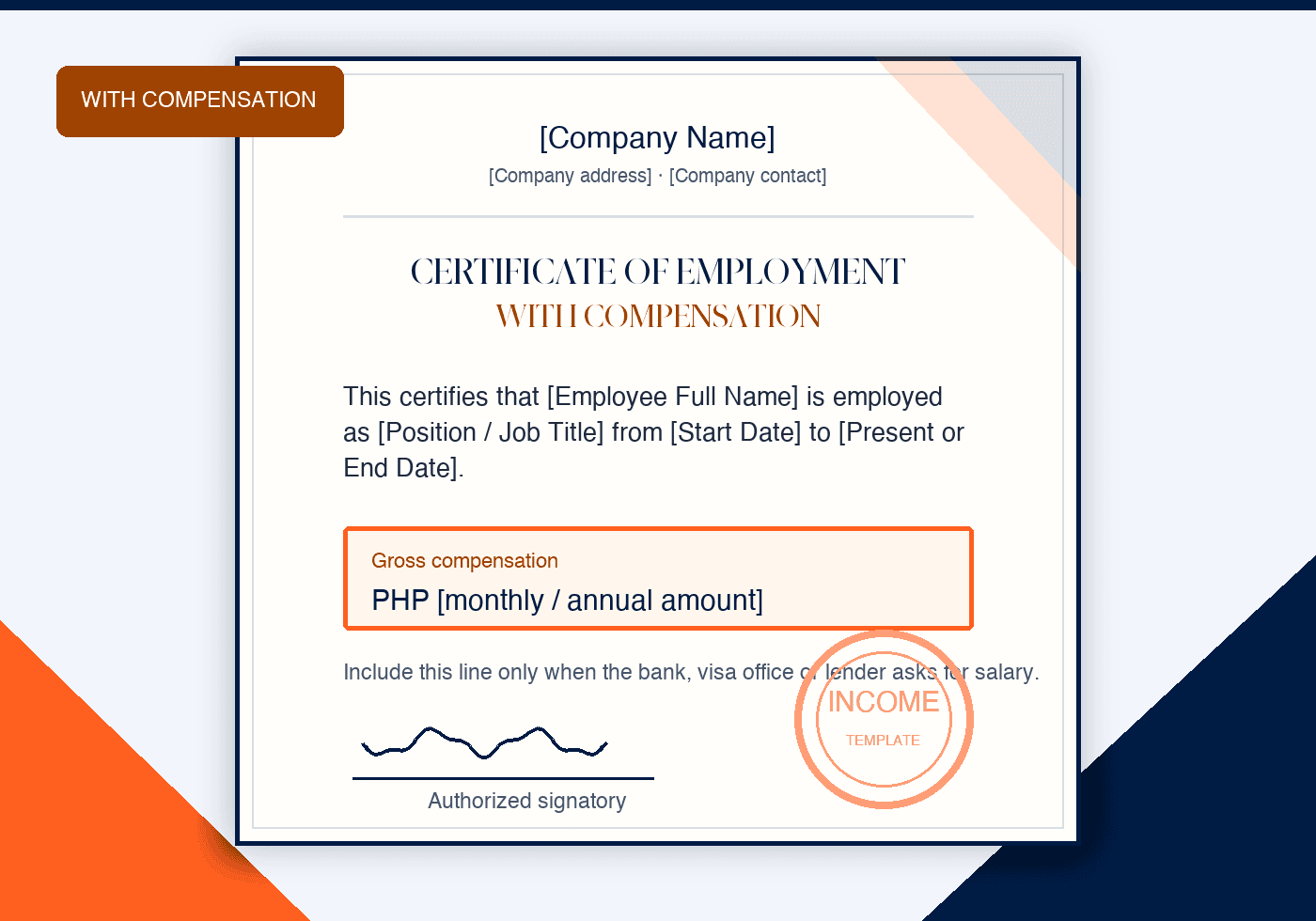 Branded Certificate of Employment with Compensation template preview showing a gross compensation line, sample stamp and signature line.