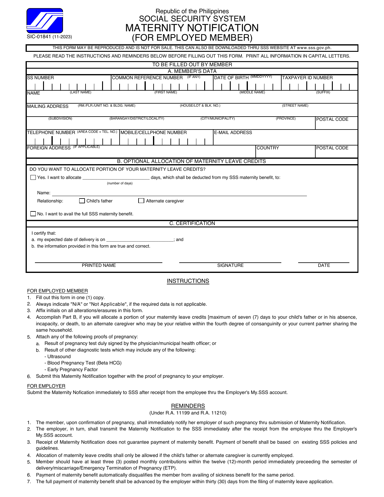 Official blank SSS Maternity Notification: Part A member data, Part B optional leave allocation and Part C expected delivery certification, followed by instructions
