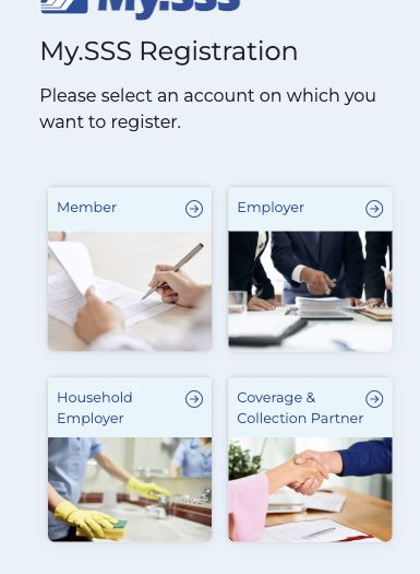 Real My.SSS registration choices: Member, Employer, Household Employer and Coverage and Collection Partner. Employer is the company account choice.