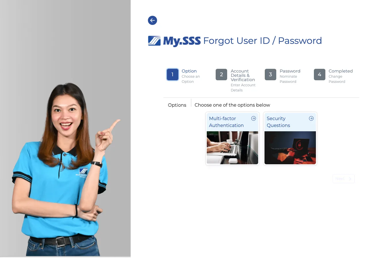 My.SSS forgot user ID or password page showing multi-factor authentication and security question options