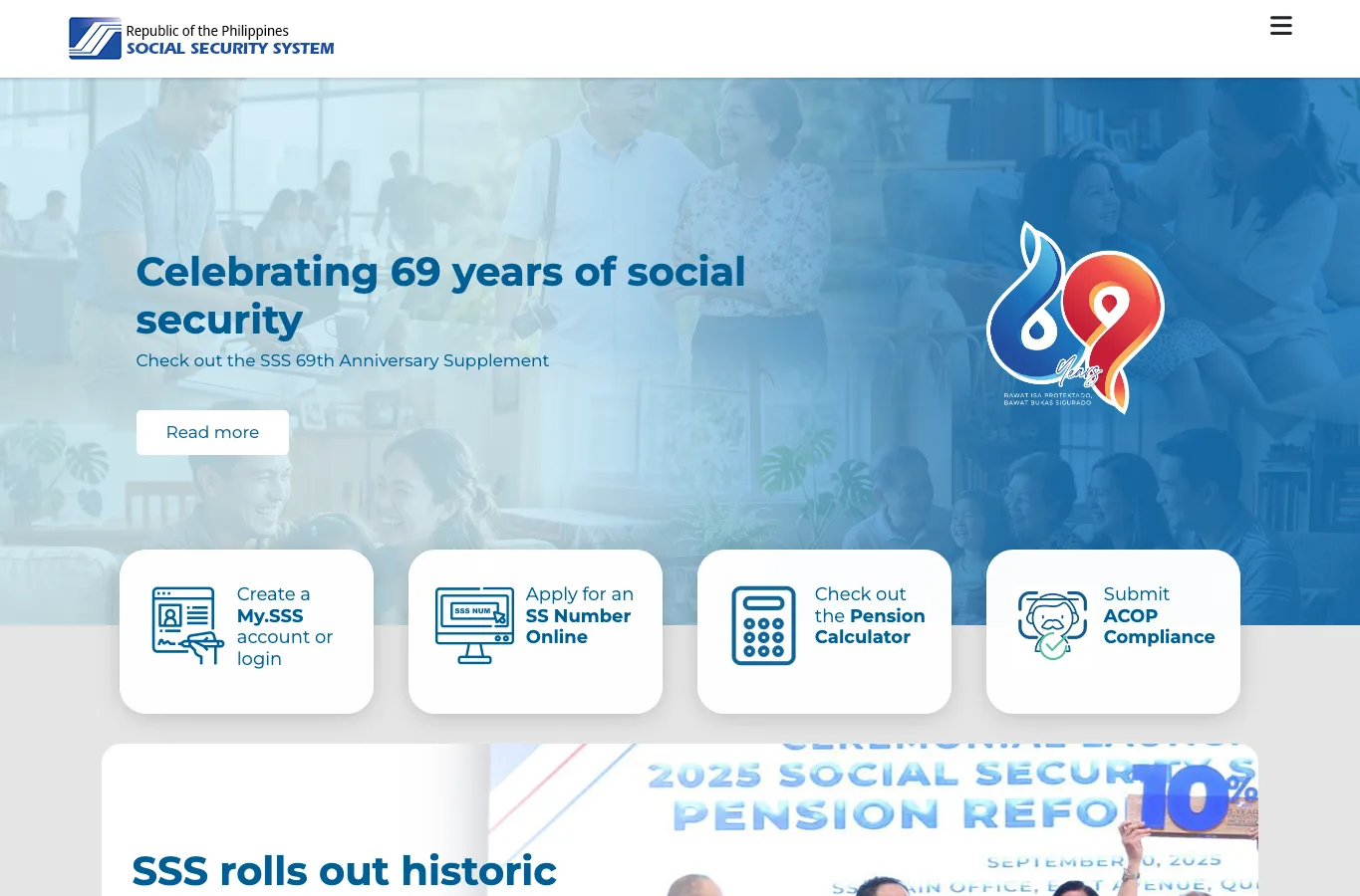 Official SSS homepage showing the Create a My.SSS account or login card