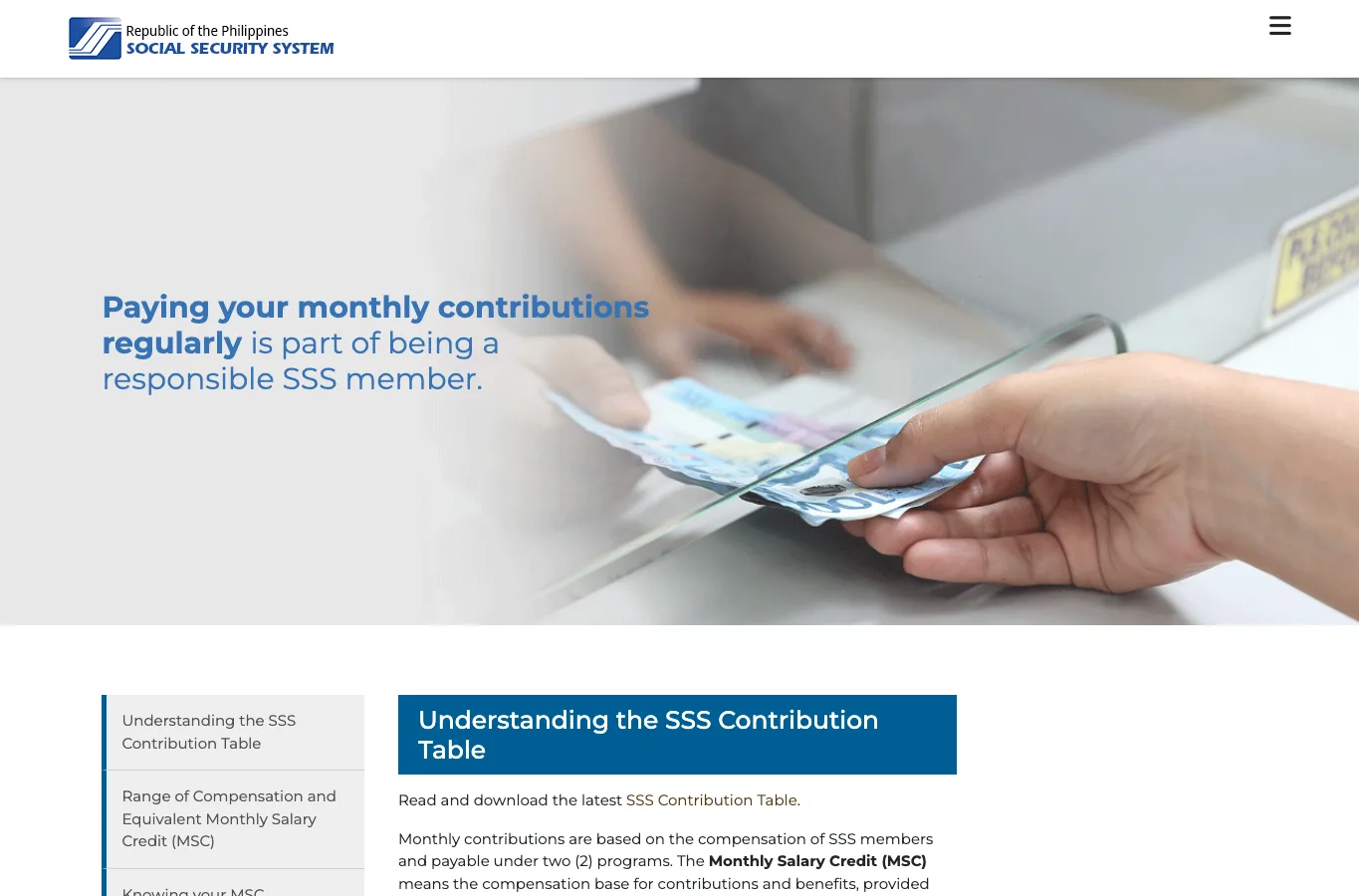 Official SSS pay contribution page explaining contribution payments and the contribution table